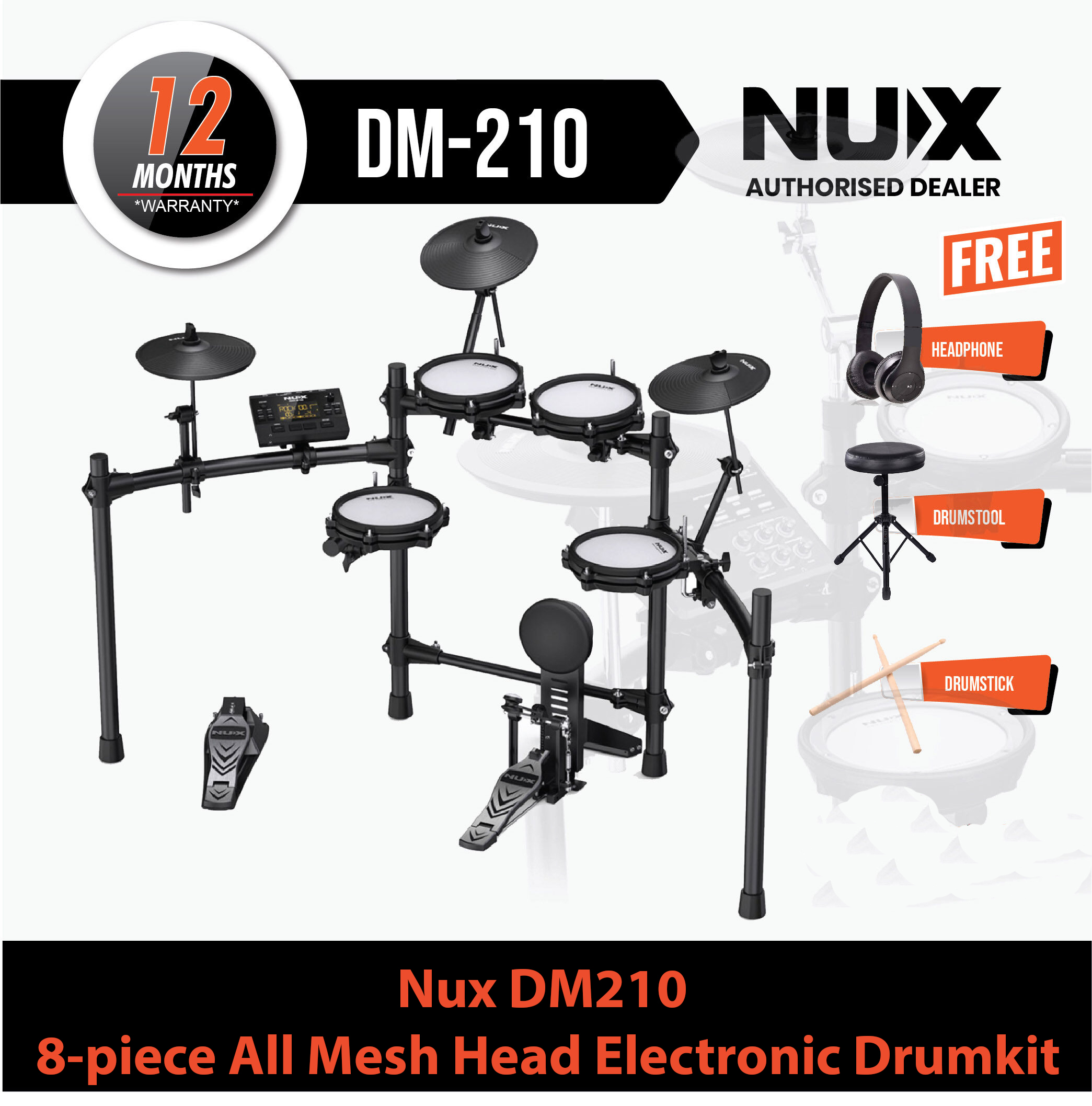 NUX DM-210 Digital Drum Set With Mesh Heads (Dual Trigger,BT, Coach, USB for MIDI)